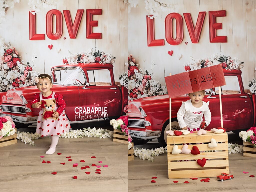 Toddler smiling during Valentine’s Day mini sessions with playful props