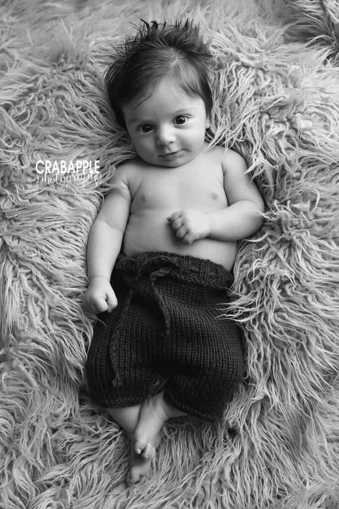 Black and white baby portrait from a 3 month baby photoshoot
