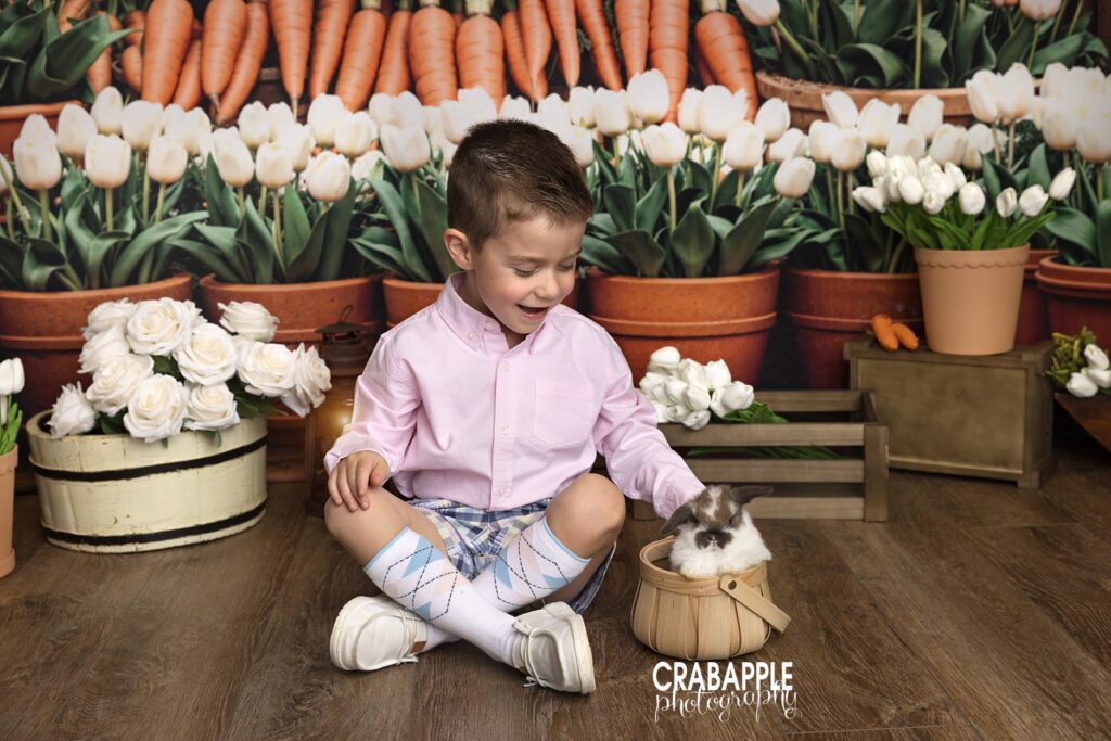 Candid of a young boy interacting with fluffy bunny in a basket during spring mini session in Andover MA