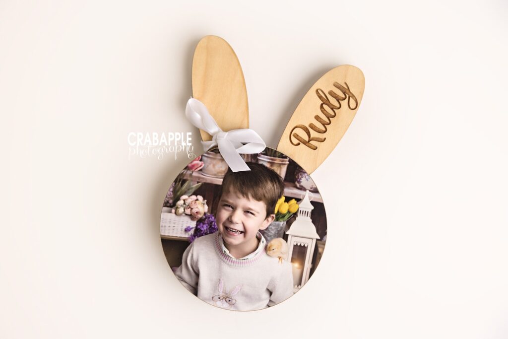 Fun Easter custom photo magnet made of maple wood cut in a bunny shape with child's name engraved on one ear