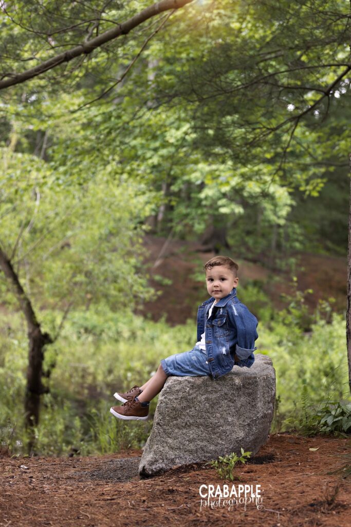3 year old boy sitting on rock surrounded by trees during outdoor toddler photos
