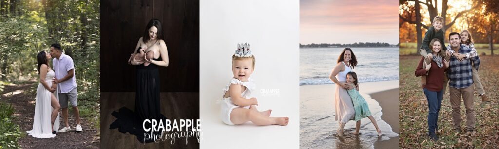 Collage of various milestone and family photos including maternity, newborn, one year and more all in the Boston area