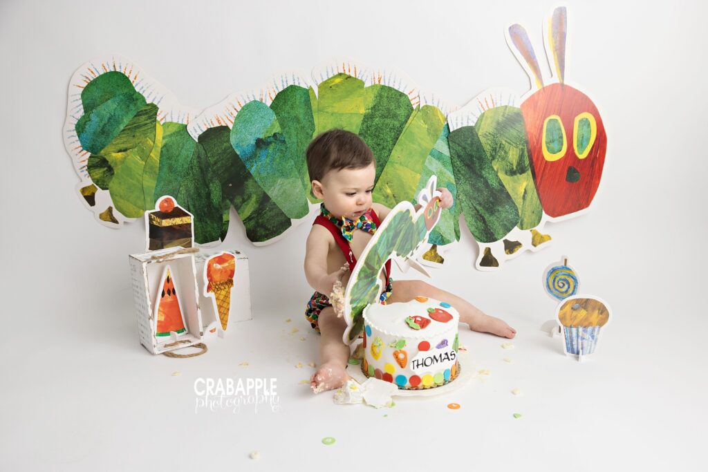 Storybook themed cake smash with colorful Eric Carle inspired decorations

