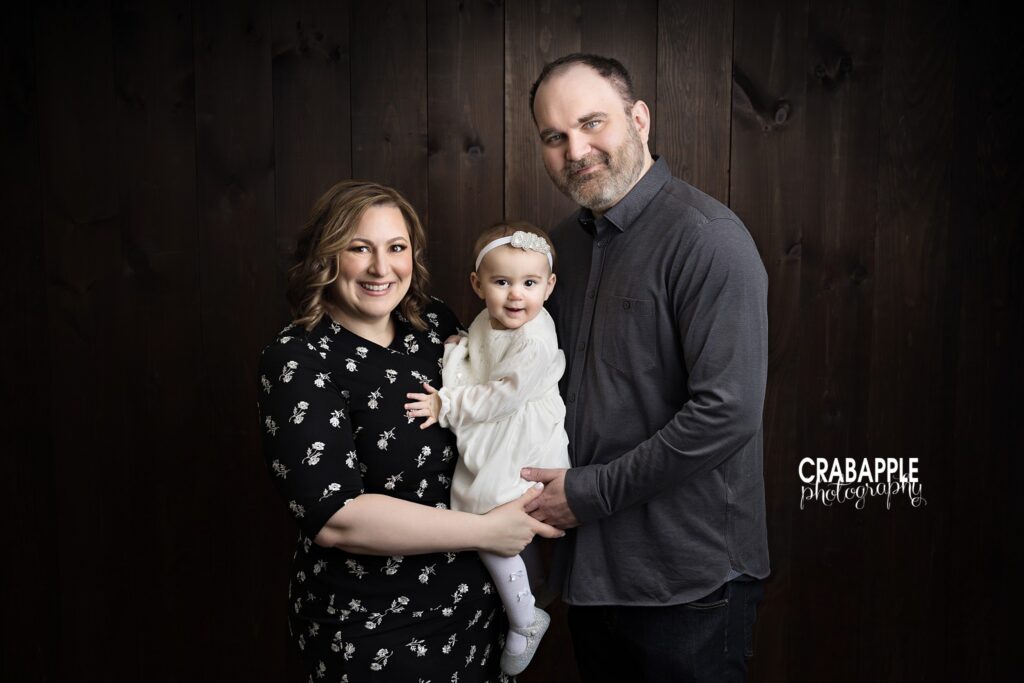 Burlington Family Portrait Family portrait with parents and one year old daughter during first birthday photography session