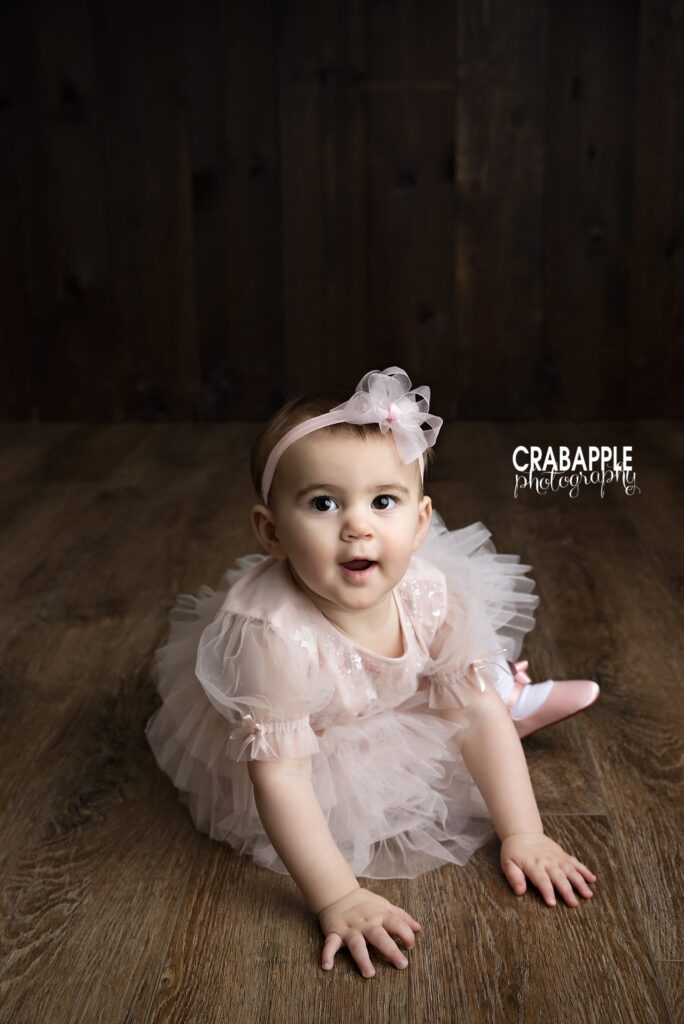 Milestone Portrait Baby girl sitting on dark wood floor wearing pink tulle birthday outfit