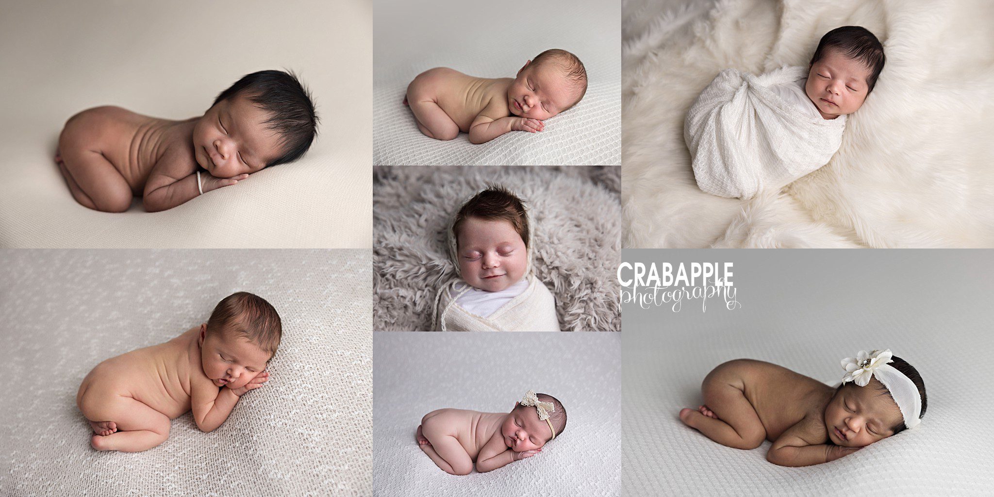 Neutral Newborn Portraits for Girls Collage of neutral newborn photos by an Andover MA photographer