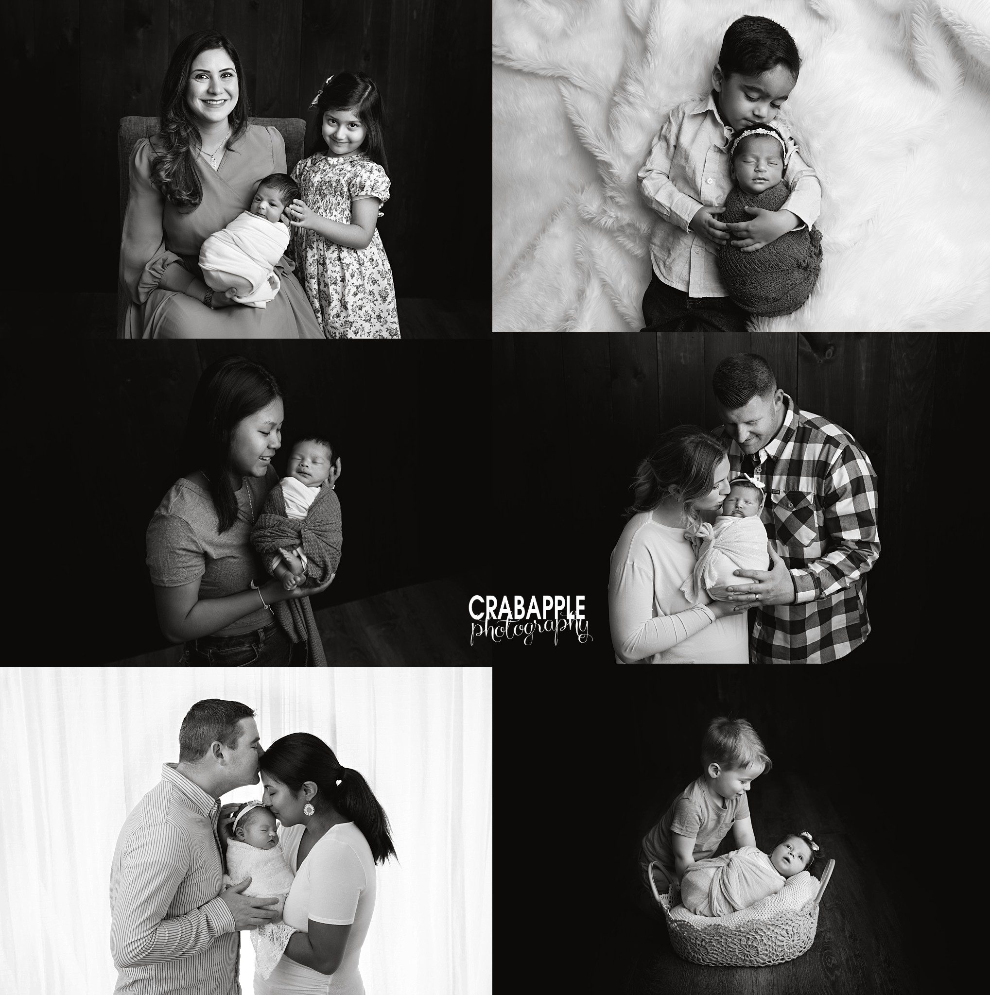 Black and White Family and Newborn Photos Collage of black and white newborn photos with family members