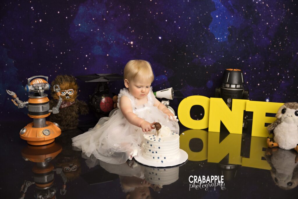 Star Wars cake smash featuring Princess Leia themed birthday setup
