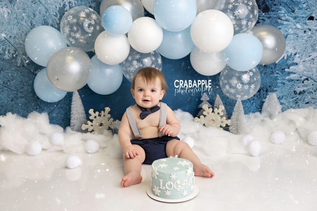 Winter ONEderland first birthday photos with faux snow and woodland scenery
 