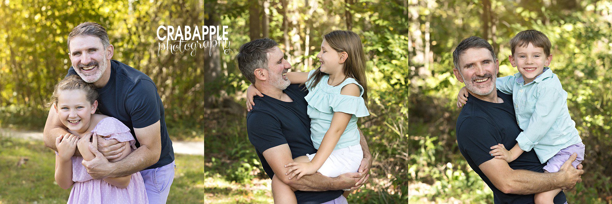 Collage of father hugging each child during fall family portraits
