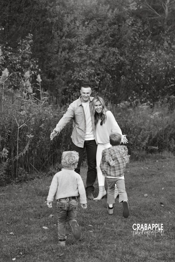 Boston North Shore fall family photos Family enjoying a relaxed outdoor fall portrait session on Boston's North Shore