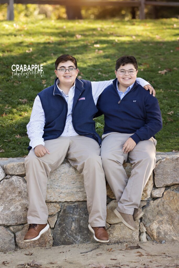 Fall sibling photos in Medford Siblings smiling together during a fall family photo session in Medford MA