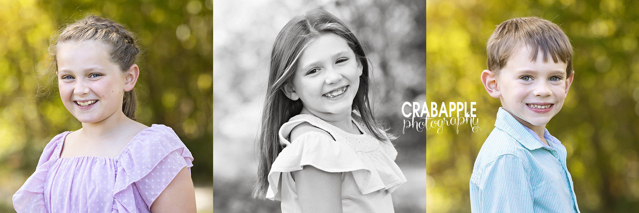Collage featuring individual portraits of each child during an outdoor family session
