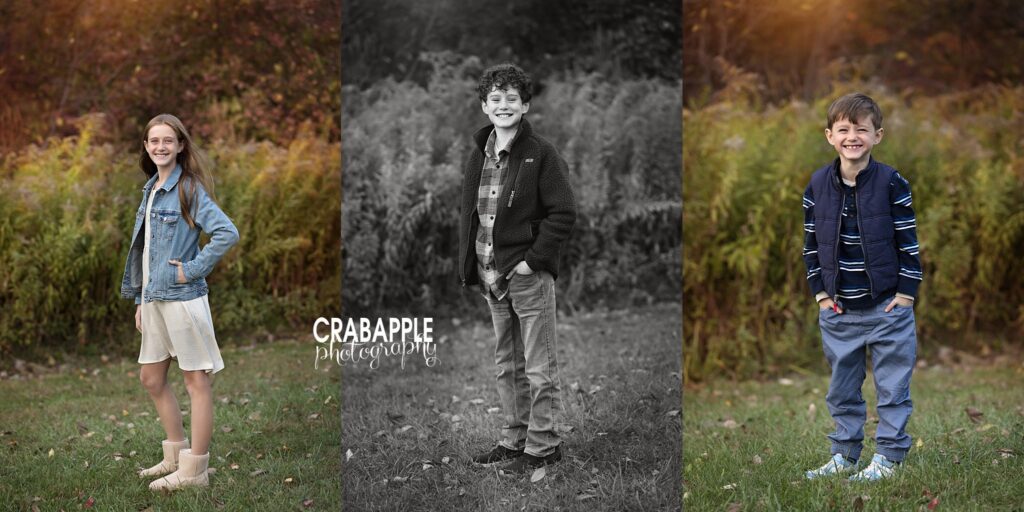 Full-length individual portraits of three children during an outdoor fall family session
