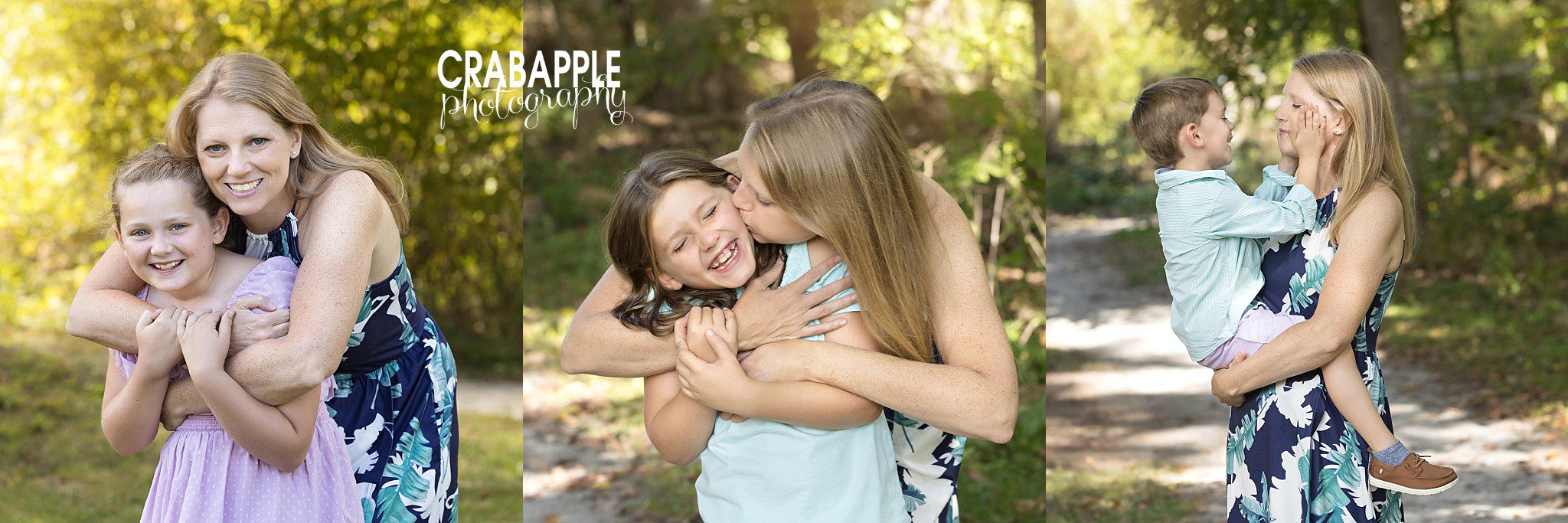 Collage of mother hugging each child during outdoor family photos
