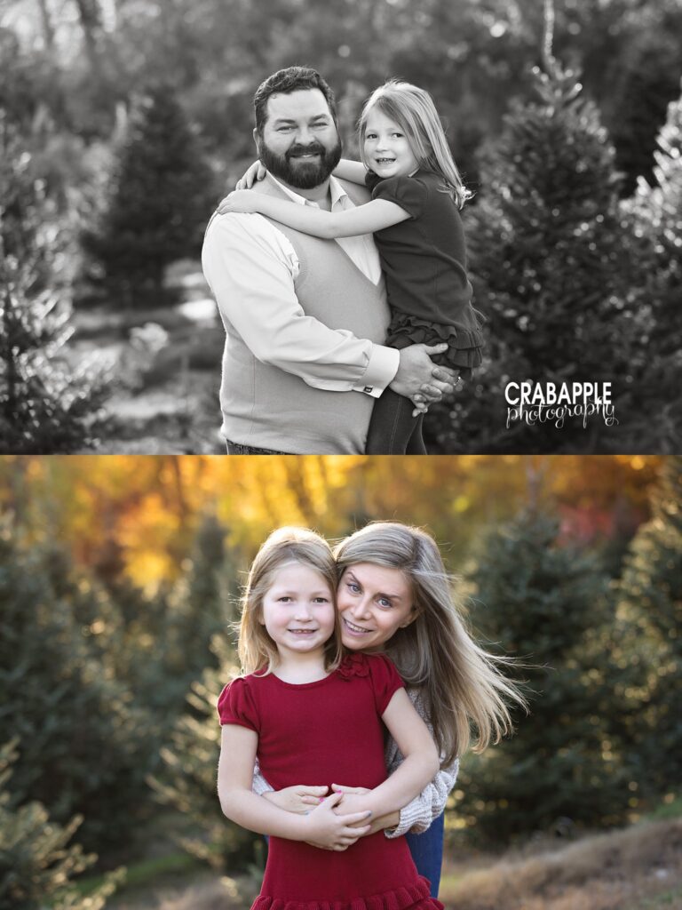 Parents with daughter Mom and dad photographed separately with their daughter at a North Andover tree farm