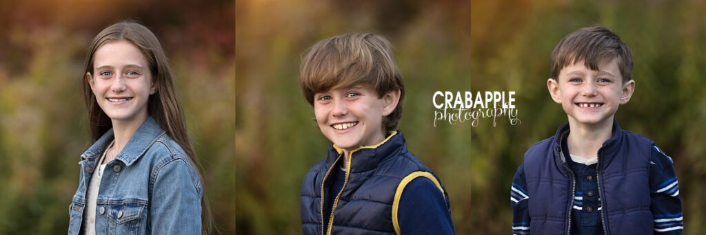 Individual close-up portraits of three children from an Andover family photographed at Ipswich River Park

