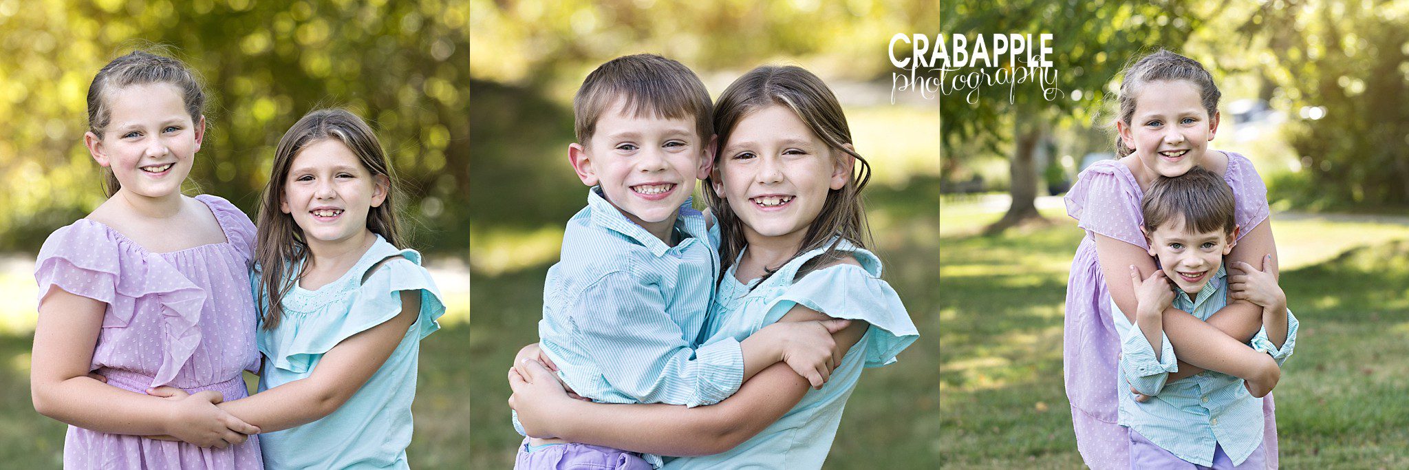 Collage featuring each sibling pairing during outdoor family portraits
