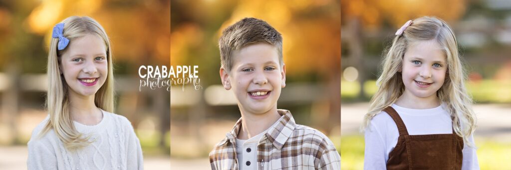Collage of solo portraits of three siblings taken during fall family photos