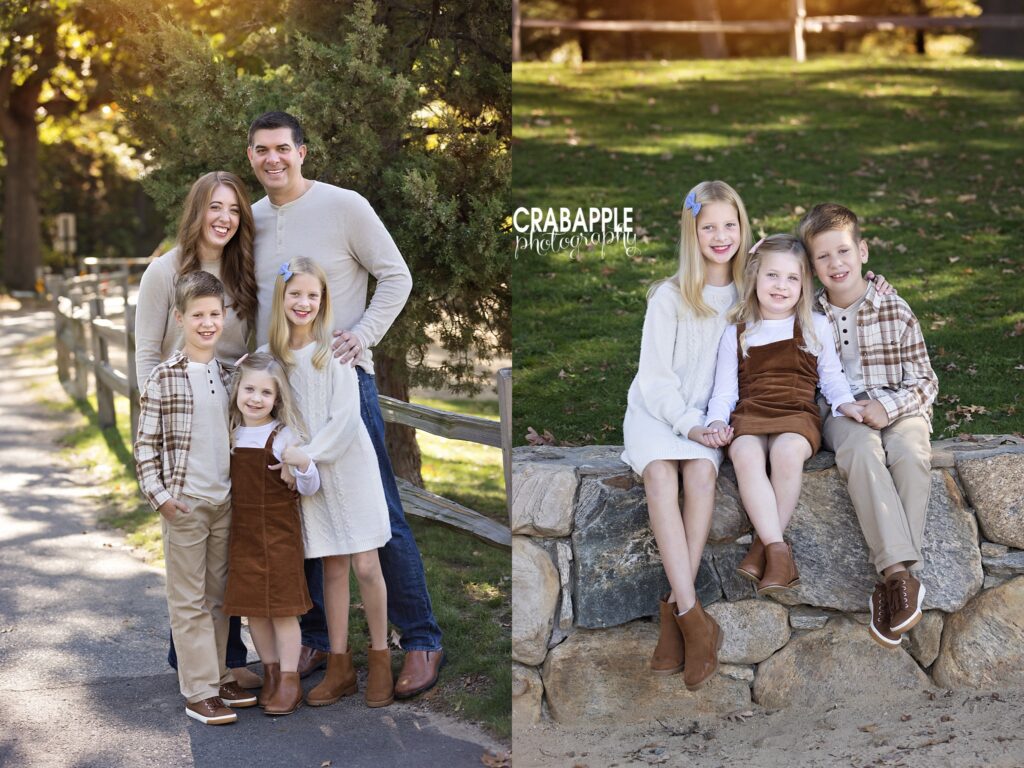 Three siblings together in a New England fall setting and together with their parents
