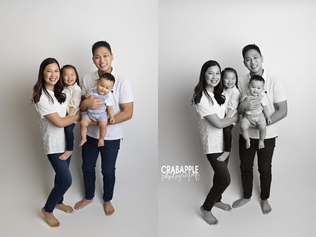 Family of four with their 10-month-old son and three-year-old daughter in the studio