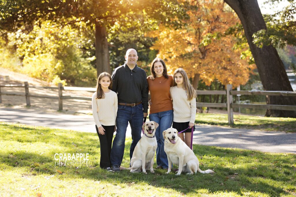 Fall foliage with dogs Family of four and two dogs pose in front of beautiful fall foliage during portrait session