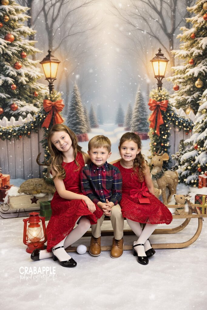 Siblings posing together in red holiday outfits in front of a snowy Christmas scene	